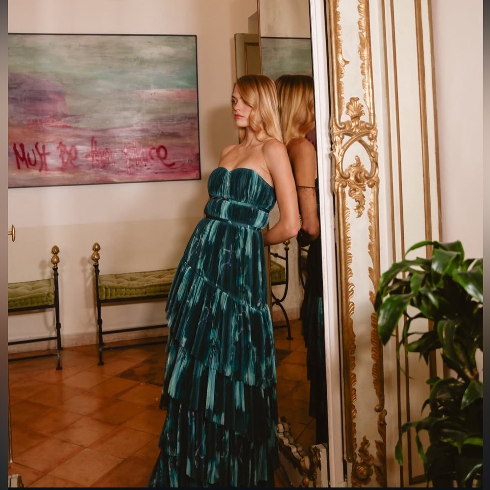 Hutch Teal Strapless Tiered Evening Gown